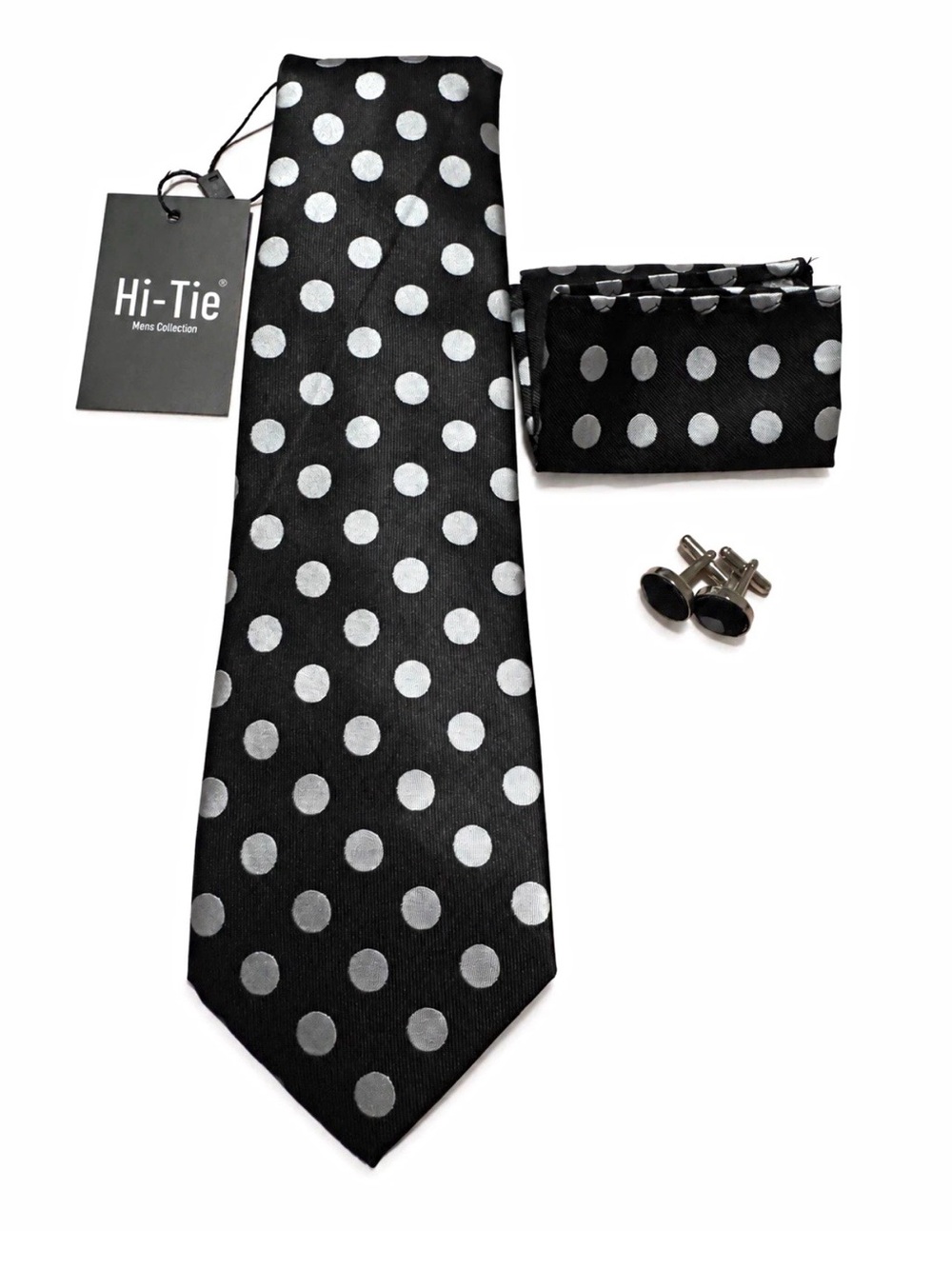 Hi-Tie Men’s 100% Silk Black Silver Polka Dot Tie Pocket Square Cufflinks Set